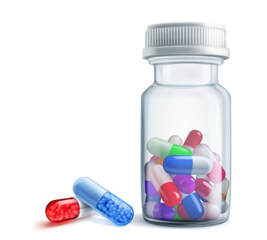 Renkli kapsüllerle dolu şeffaf bir ilaç şişesi, yanında iki kapsül bulunur - kırmızı ve mavi..
