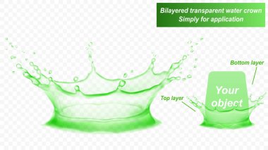 Şeffaf su tacı iki katmandan oluşur: önden ve arkadan. Yeşil renkli su sıçraması, şeffaf arkaplanda izole edilmiş. Sadece vektör dosyasında şeffaflık