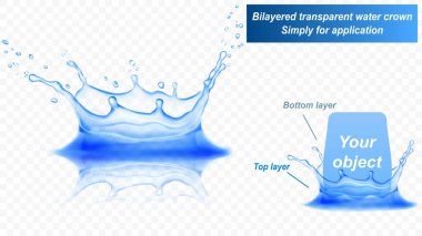 Yansıması olan şeffaf su tacı, iki katmandan oluşur: önden ve arkadan. Açık mavi renklerde, şeffaf arkaplanda izole edilmiş su damlası. Sadece vektör dosyasında şeffaflık