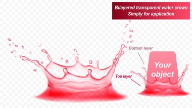 Şeffaf su tacı iki katmandan oluşur: önden ve arkadan. Kırmızı renkli su sıçraması, şeffaf arkaplanda izole edilmiş. Sadece vektör dosyasında şeffaflık