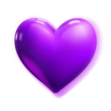 Parıltılı, yumuşak gölgeli, beyaz arka planda izole, büyük, mor bir kalp.