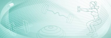 Turkuaz fitness temalı arka plan. Bir çeşit egzersiz ya da fiziksel aktivite içinde gibi görünen merkezi bir kadın figürü ile biçimlendirilmiş, soyut bir sahne.