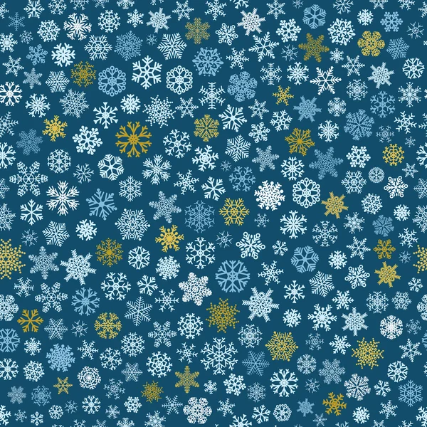 Patrón sin costuras de copos de nieve, blanco, azul y marrón sobre azul — Vector de stock