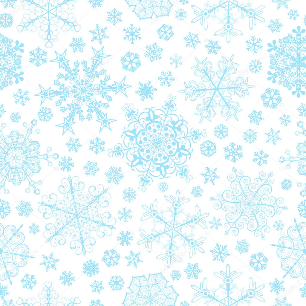 Seamless pattern of snowflakes, light blue on white