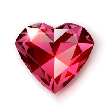 Kalp şeklinde yakut değerli bir taş, ince gölgeli beyaz bir zemin üzerinde, pembe ve kırmızı tonlarıyla, karmaşık bir şekilde yüzleştirilmiş..