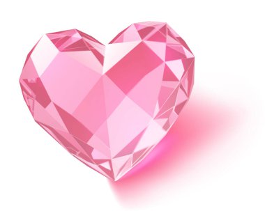 Pembe kalp şeklindeki değerli bir taşın resmi. Yüzleri düz ve beyaz arka planda yumuşak gölgeler var..
