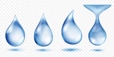 Üç boyutlu efekt için ayrıntılı röfleler ve gradyanslar içeren mavi su damlaları seti, şeffaf bir arkaplan üzerine kuruludur. Sadece vektör biçiminde şeffaflık.