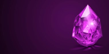 Göz kamaştırıcı bir ametist mücevheri. Mor renkli canlı bir mücevher, koyu menekşe arkaplan. Geometrik kesikleri ve iç aydınlığı derinlik ve lüks hissi yaratıyor..