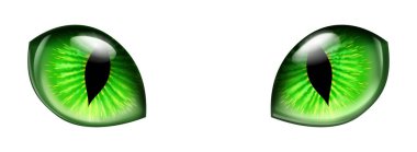 Keskin dikey gözbebekleri olan canlı, parlayan yeşil kedi gözleri. İrisler detaylı dokular ve ışığı yansıtan parlak bir parıltı içeriyor. Canlı gibi görünen ama fantastik bir görüntü yaratıyor..