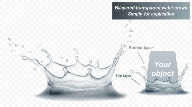 Şeffaf su tacı iki katmandan oluşur: önden ve arkadan. Gri renkli bir su damlası, şeffaf arkaplanda izole edilmiş. Sadece vektör dosyasında şeffaflık