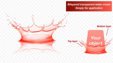 Yansıması olan şeffaf su tacı, iki katmandan oluşur: önden ve arkadan. Kırmızı renkli su sıçraması, şeffaf arkaplanda izole edilmiş. Sadece vektör dosyasında şeffaflık