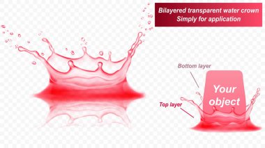 Yansıması olan şeffaf su tacı, iki katmandan oluşur: önden ve arkadan. Kırmızı renkli su sıçraması, şeffaf arkaplanda izole edilmiş. Sadece vektör dosyasında şeffaflık