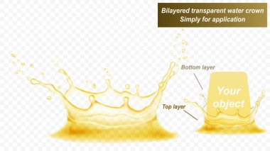 Şeffaf su tacı iki katmandan oluşur: önden ve arkadan. Sarı renkli su sıçraması, şeffaf arkaplanda izole edilmiş. Sadece vektör dosyasında şeffaflık