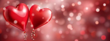 İki büyük kırmızı kalp şeklindeki helyum balonlu, kırmızı tonlu ve bokeh efektli sevgililer günü resmi..
