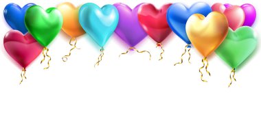 Renkli kalp şekilli helyum balonları beyaz arka planda uçuşan Sevgililer Günü çizimi.