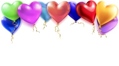 Renkli kalp şekilli helyum balonları beyaz arka planda uçuşan Sevgililer Günü çizimi.