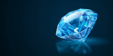 Faceted blue gemstone with multiple reflective surfaces, with shadow and reflect, set against a dark background.