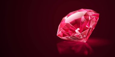 Çok yönlü, parlak kırmızı bir taş. Gölgesi ve yansıması var. Karanlık bir zemin üzerine kurulmuş..