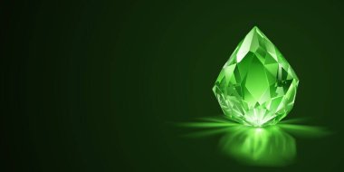 Işıl ışıl, parlak yeşil bir renge sahip parlak bir mücevher. Koyu bir arkaplan üzerine kurulmuş. Işıl ışıl yüzeyi ve karmaşık kesikleri aydınlatıyor..