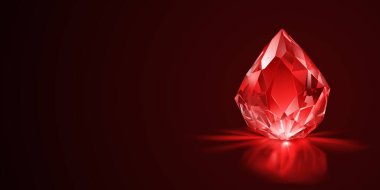 Çok yönlü, parlak kırmızı bir taş. Gölgesi ve yansıması var. Karanlık bir zemin üzerine kurulmuş..