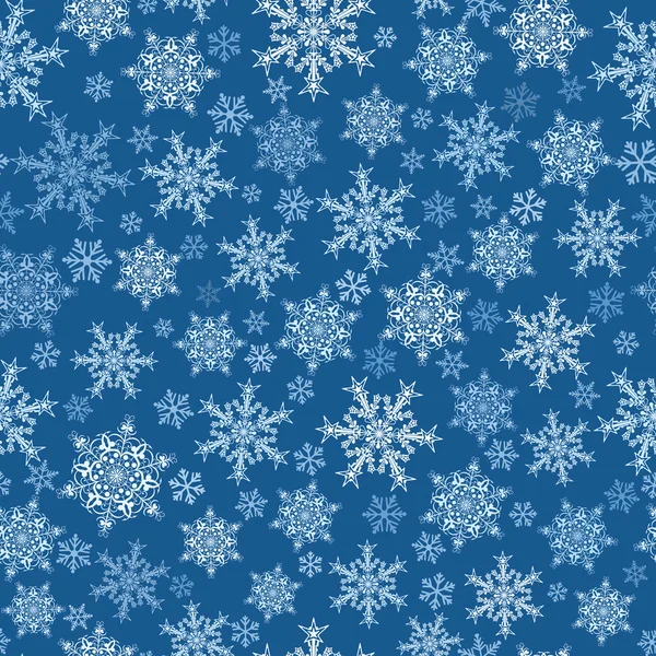 Modèle sans couture de flocons de neige, blanc sur bleu — Image vectorielle