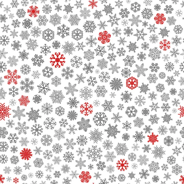 Patrón sin costuras de copos de nieve, rojo y gris sobre blanco — Vector de stock