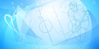 Hokey temalı arka plan maviyle. Buzun üzerinde bir hokey oyuncusunun olduğu dijital bir illüstrasyon, bir kupa ve yıldızlı bir arka plan..