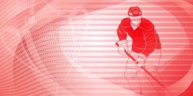 Hokey temalı arka plan kırmızı. Bir erkek buz hokeyi oyuncusunu sahneleyen dijital bir illüstrasyon. Elinde sopa olan, soyut şekilli, noktalı bir arka plan üzerine kurulmuş..