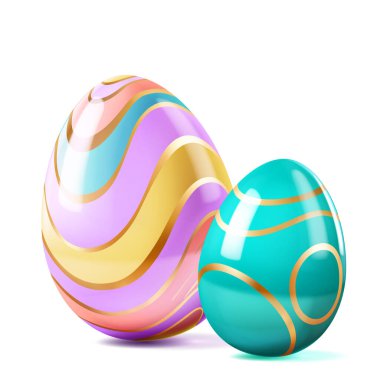 İki parlak yumurtalı Paskalya illüstrasyonu, biri pastel çizgili ve altın aksanlı, diğeri altın çizgili, beyaz arka planda yumuşak gölgeli.