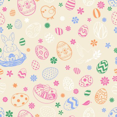 Yumurtalar, tavşanlar, civcivler, krema arkaplanındaki çiçekler tatil dekorları ve hediyeleri için renkli ve eğlenceli tasarım..