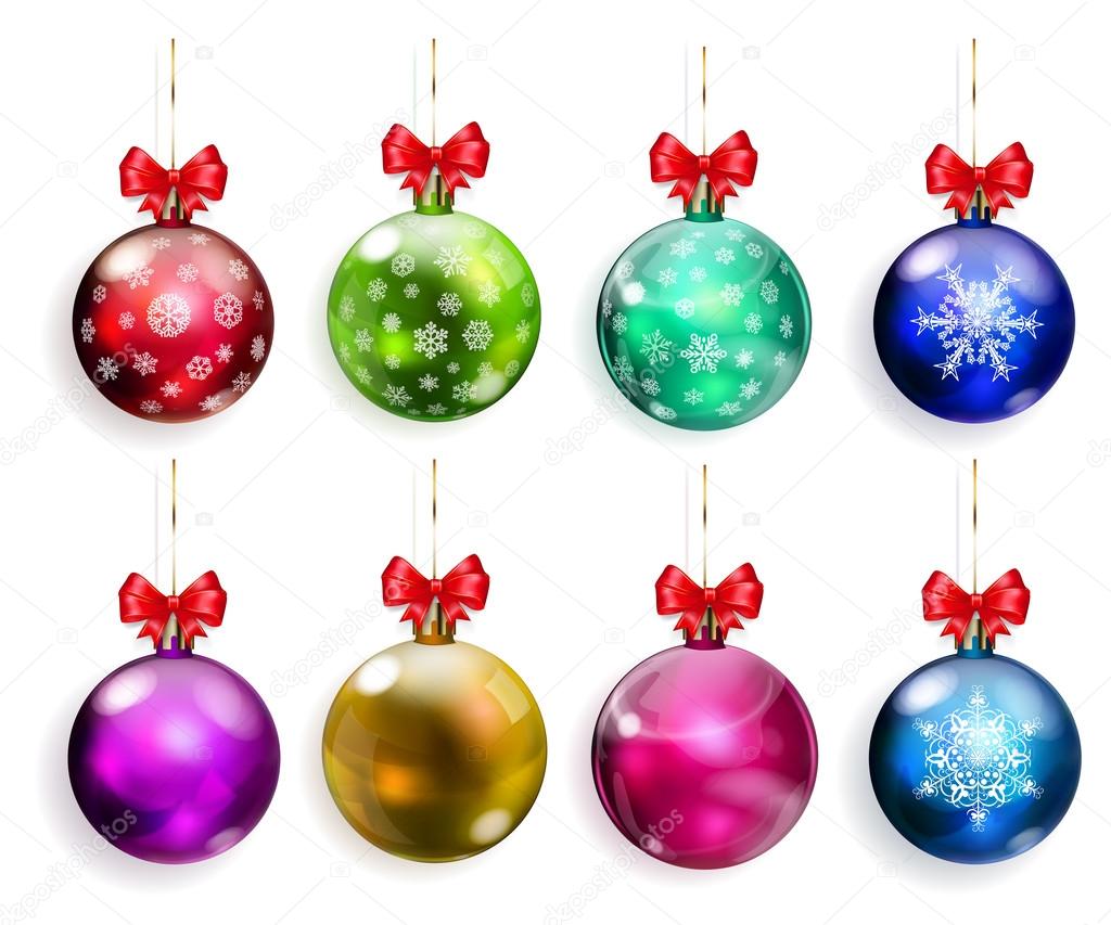 Set of multicolored Christmas balls with red bows