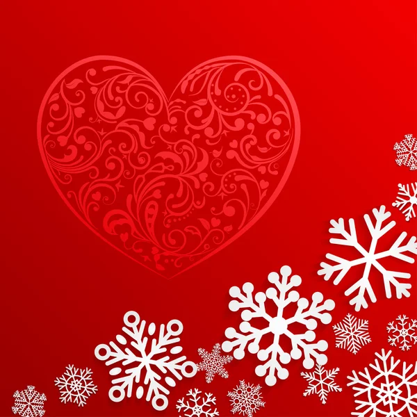 Sfondo di Natale con grande cuore e fiocchi di neve — Vettoriale Stock