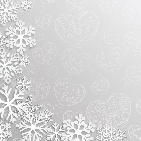 Jul bakgrund med hjärtan och snöflingor — Stock vektor