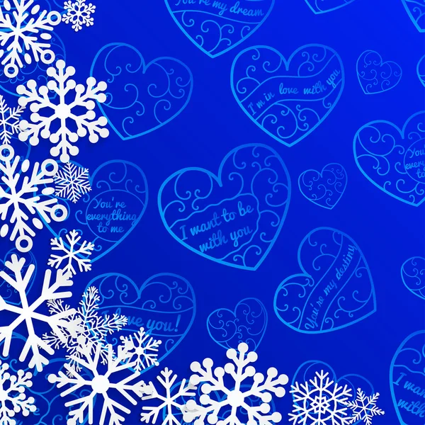 Fond de Noël avec flocons de neige sur fond de coeurs — Image vectorielle