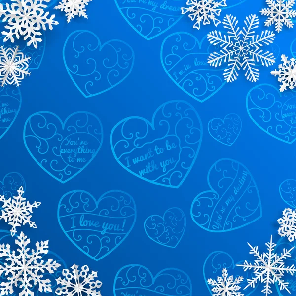 Jul bakgrund med snöflingor på bakgrund av hjärtan — Stock vektor