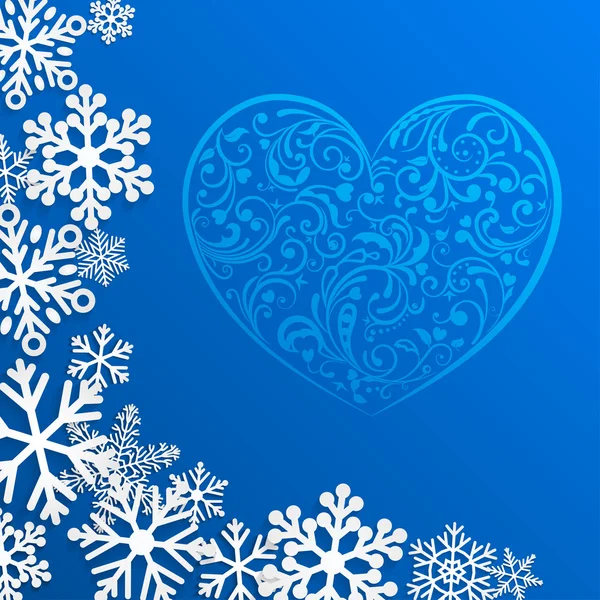 Weihnachten Hintergrund mit großen Herzen und Schneeflocken — Stockvektor