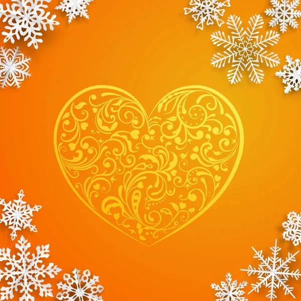 Fundo de Natal com grande coração e flocos de neve —  Vetores de Stock