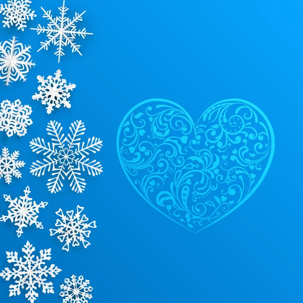 Fondo de Navidad con gran corazón y copos de nieve — Archivo Imágenes Vectoriales