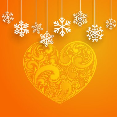 Büyük kalp ve asılı kar taneleri ile Noel arka plan