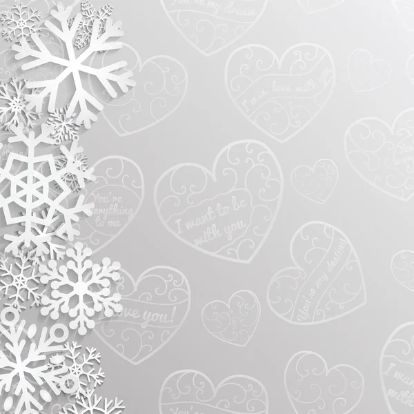 Kerstachtergrond met hartjes en sneeuwvlokken — Stockvector