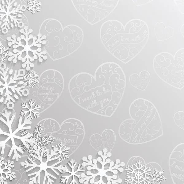 Sfondo di Natale con cuori e fiocchi di neve — Vettoriale Stock