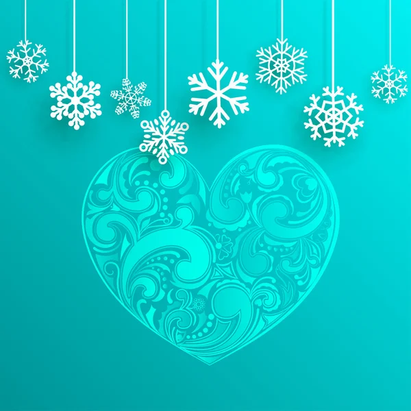 Christmas background with big heart and hanging snowflakes — Stock Vector