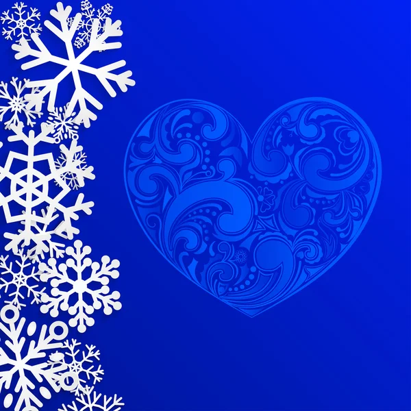 Sfondo di Natale con grande cuore e fiocchi di neve — Vettoriale Stock