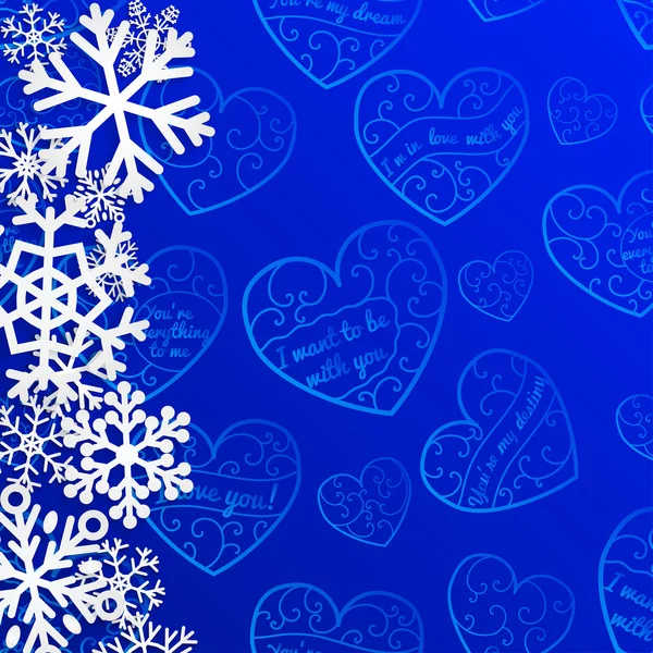 Vánoční pozadí s sněhové vločky na pozadí srdce — Stockový vektor