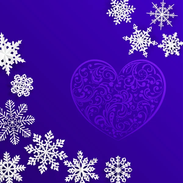 Büyük kalp ve kar taneleri ile Noel arka plan — Stok Vektör