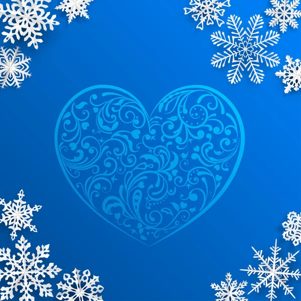 Jul bakgrund med stort hjärta och snöflingor — Stock vektor