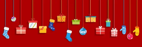 Повесить подарочные коробки, носки, варежки и рождественские шары — стоковый вектор