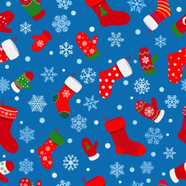 Çorap, eldiven ve kar taneleri seamless modeli