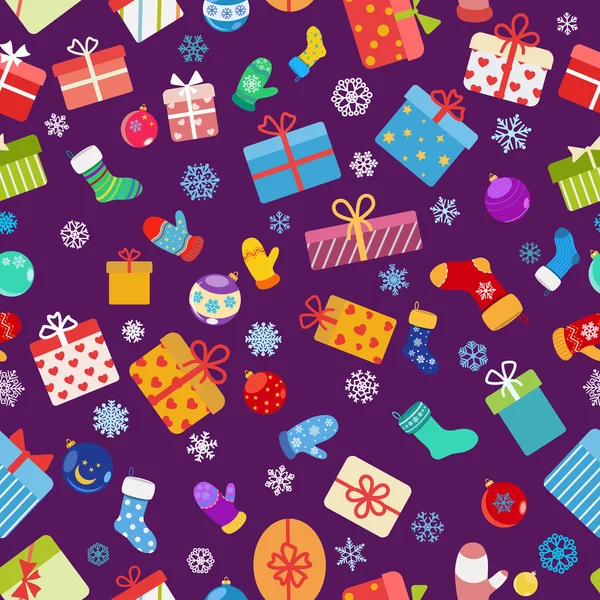 Modèle sans couture de boîtes-cadeaux colorées, chaussettes et mitaines — Image vectorielle