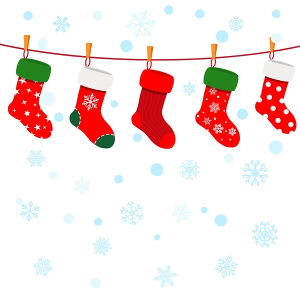 Christmas background with socks hanging on a rope — Stock Vector